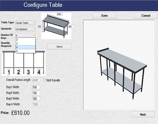 CAD Configurator for Stainless steel table