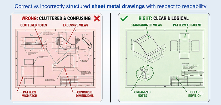 Structure sheet metal drawings for maximum readability